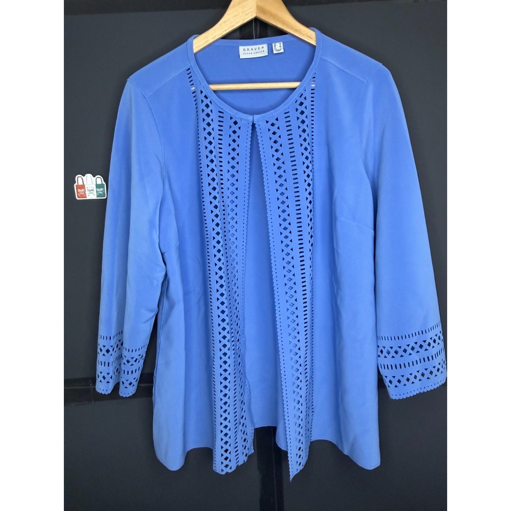 GRAVER Susan Graver LK Fusion Plus Regular Laser Cut Cardigan Blue Maze: M #29V - Picture 6 of 12